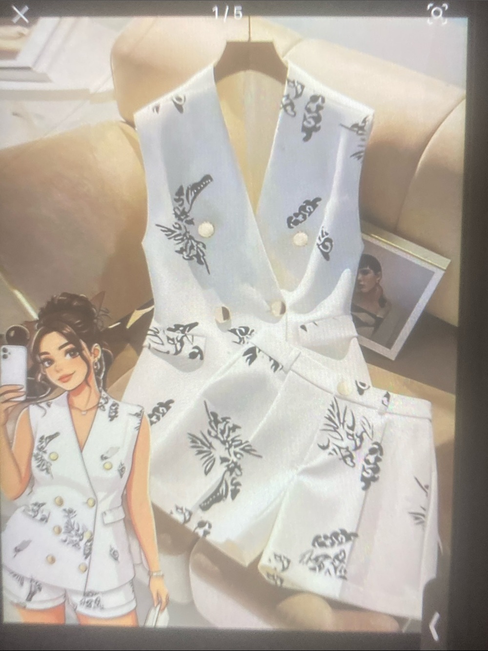 SHEIN White Printed Double-Breasted Vest & Shorts Romper Set